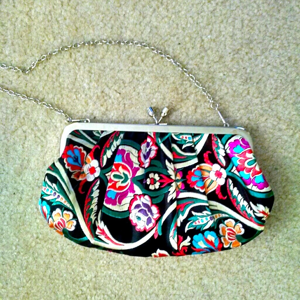 Black With Multicolored Embroidery Kiss Lock Clutch